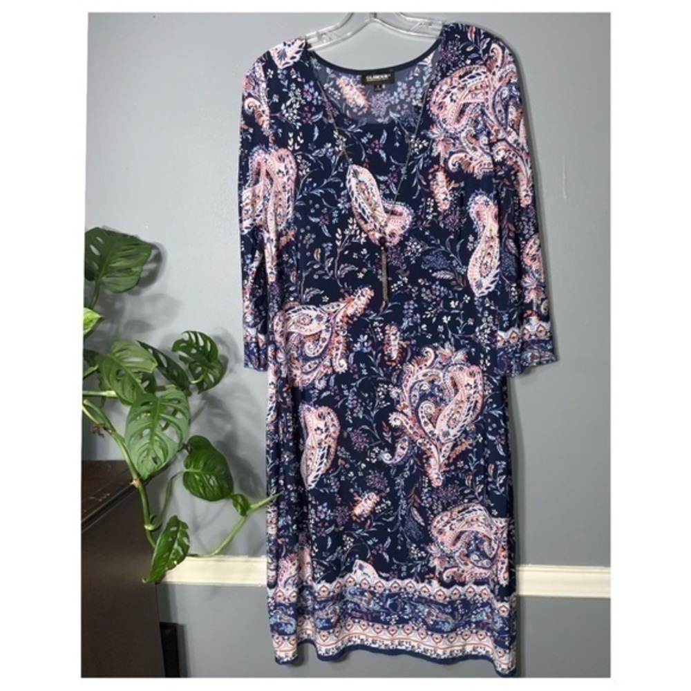 Glamour Blue & Orange Paisley 3/4 Sleeve Stretchy Shift Midi Dress Size 12 NWOT